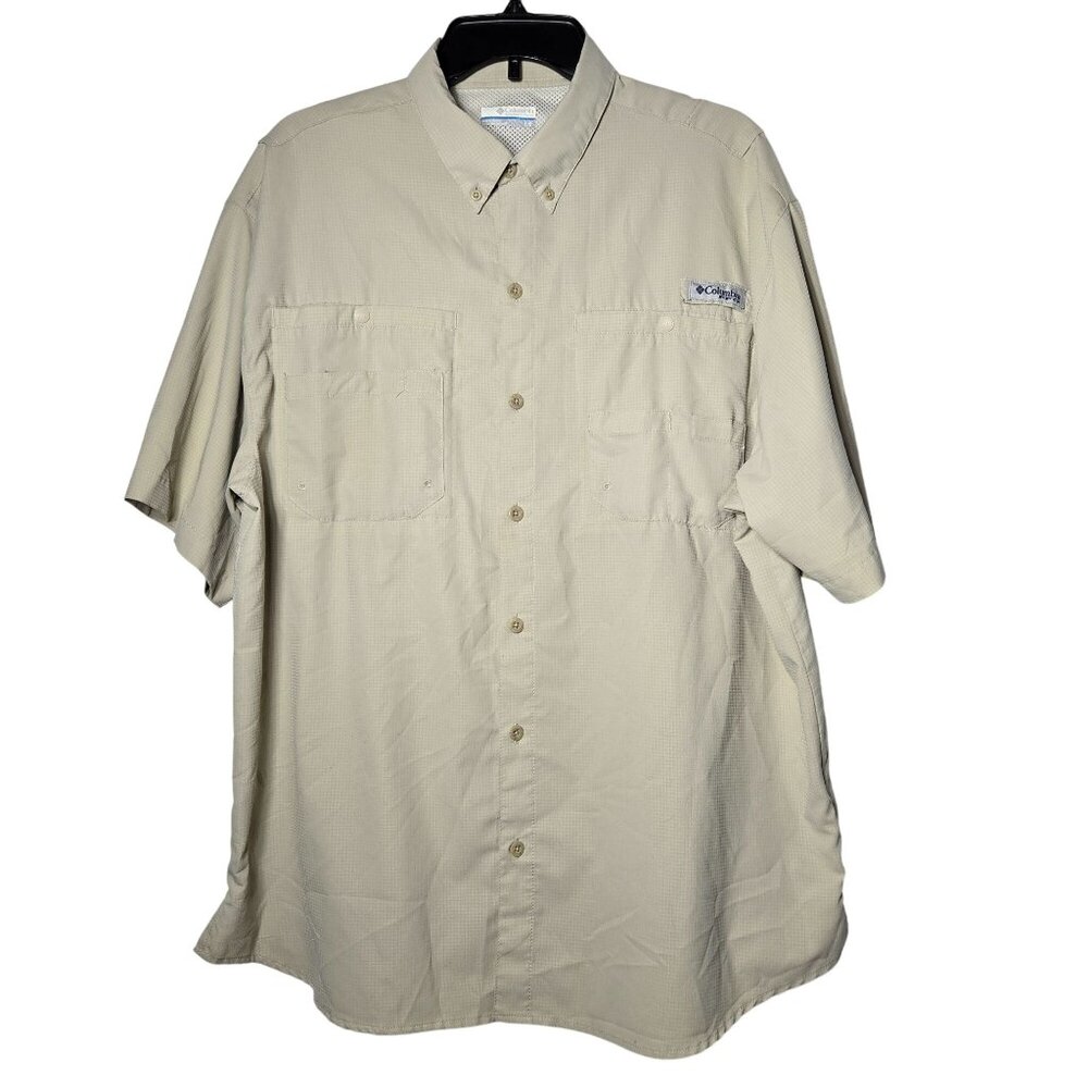 Columbia PFG Mens Beigeโ Short Sleeve Button Shirt Large Fishing Outdoor Neutral